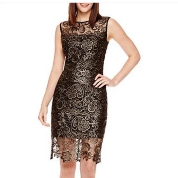 Bisou Bisou Dresses & Skirts - Bisou Bisou High Neck Lace Overlay Mini Dress | Gold Black | Size 10